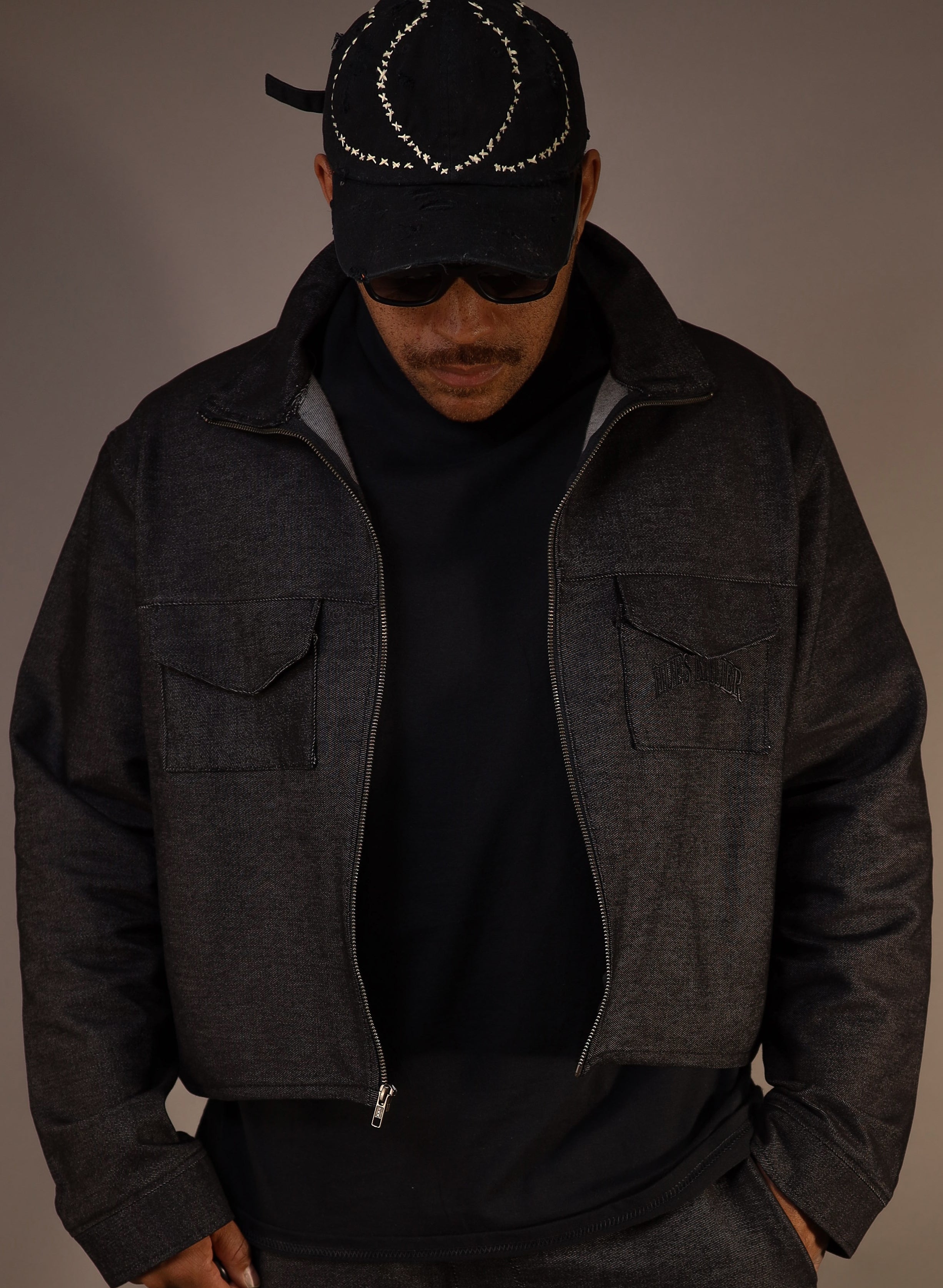 Noir By Hues Atelier | Embroidered Cropped Denim Jacket