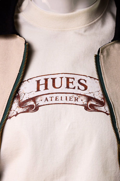 Off White t-shirt with 'HUES ATELIER' logo 